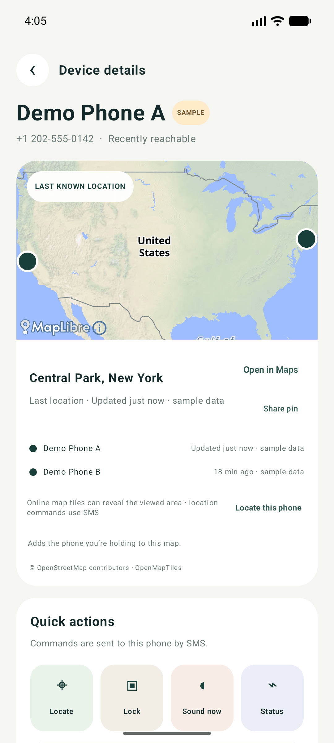 Device details showing sample location markers on the map