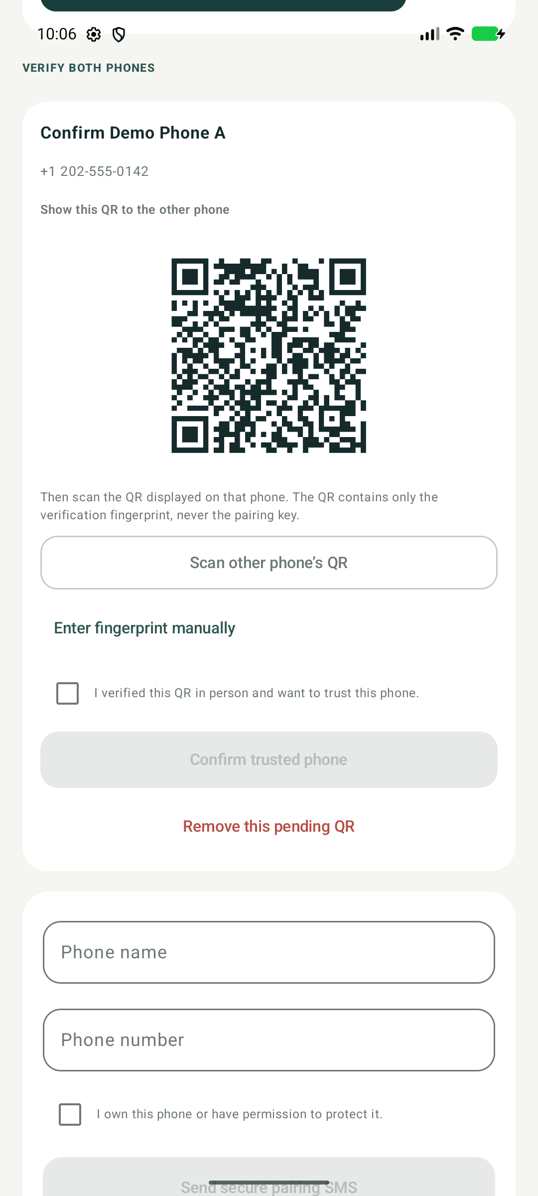 Pairing QR and fingerprint verification using fictional device data