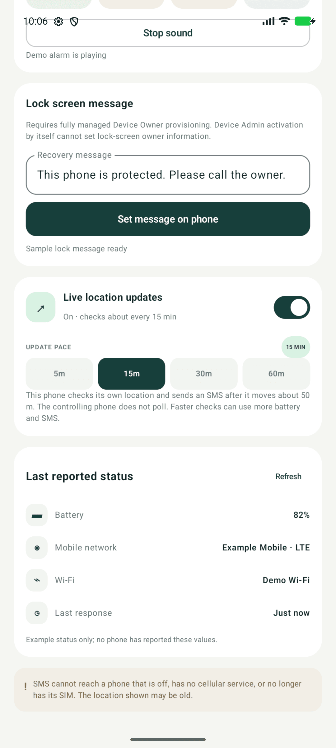 Movement update settings and combined device status